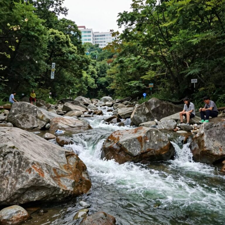깊은 계곡에서 흐르는 물과 숲이 어우러진 풍경, 자연의 소리를 듣는 힐링 명소