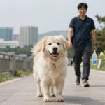 모기 진드기 기피제 사람용 vs 반려견용 차이점 반려견과 산책 중 모기와 진드기로부터 보호하는 모습, 사람용 기피제 사용 여부에 대한 궁금증을 표현한 이미지