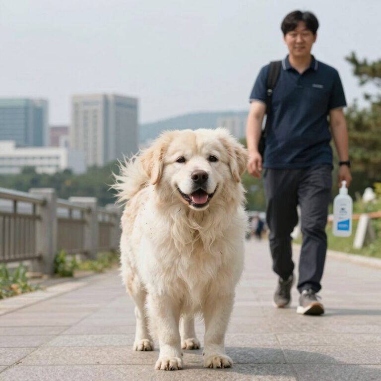 반려견과 산책 중 모기와 진드기로부터 보호하는 모습, 사람용 기피제 사용 여부에 대한 궁금증을 표현한 이미지