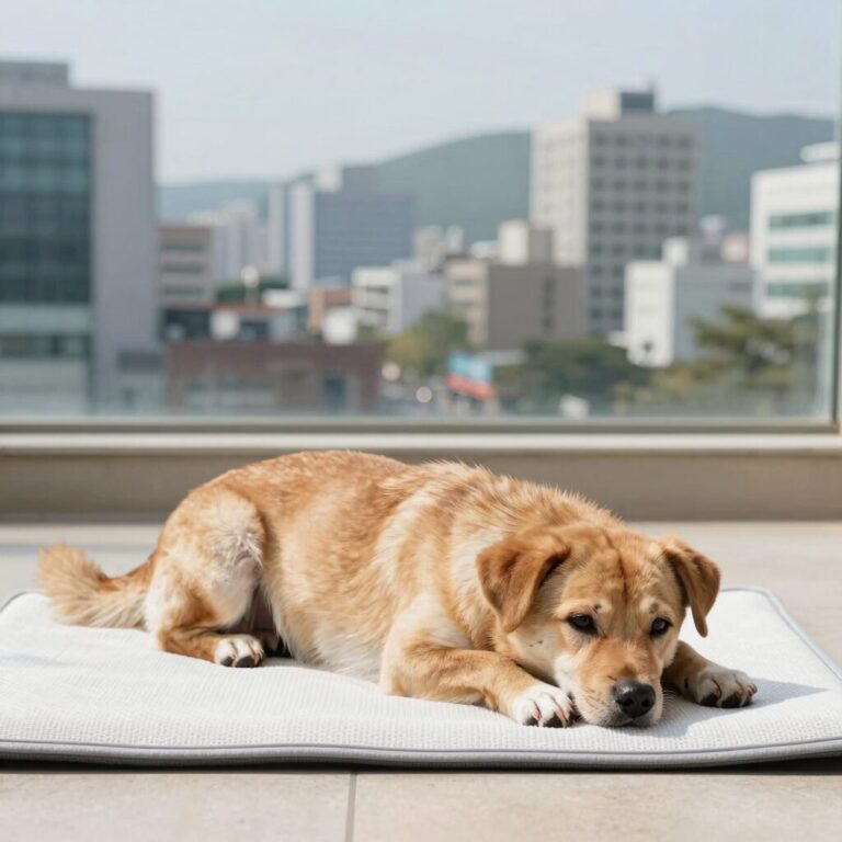 반려견이 쿨젤매트 위에서 편안하게 쉬고 있는 모습