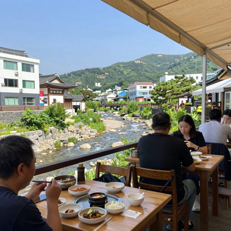 Donghaksa valley restaurant terrace with view of stream and tables