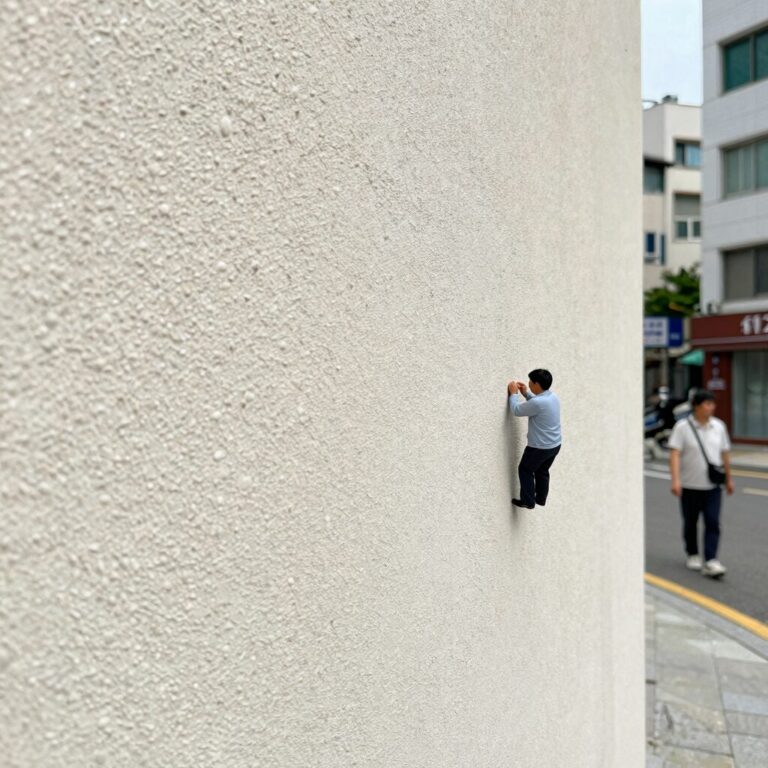 먼지다듬이가 벽지 틈에 붙어 있는 모습을 확대한 사진으로, 작은 크기와 색상을 확인할 수 있습니다.