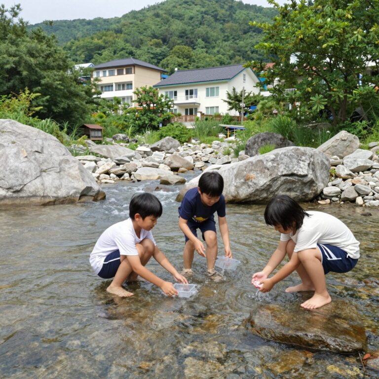 영월 계곡 펜션 엄둔밸리에서 아이들이 계곡물에서 노는 모습
