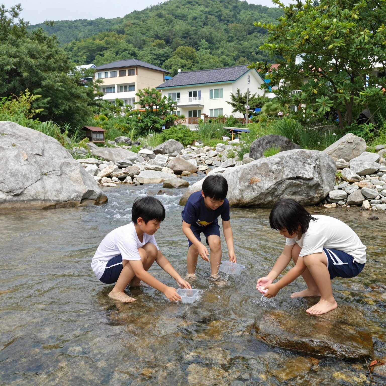 영월 계곡 펜션 엄둔밸리에서 아이들이 계곡물에서 노는 모습