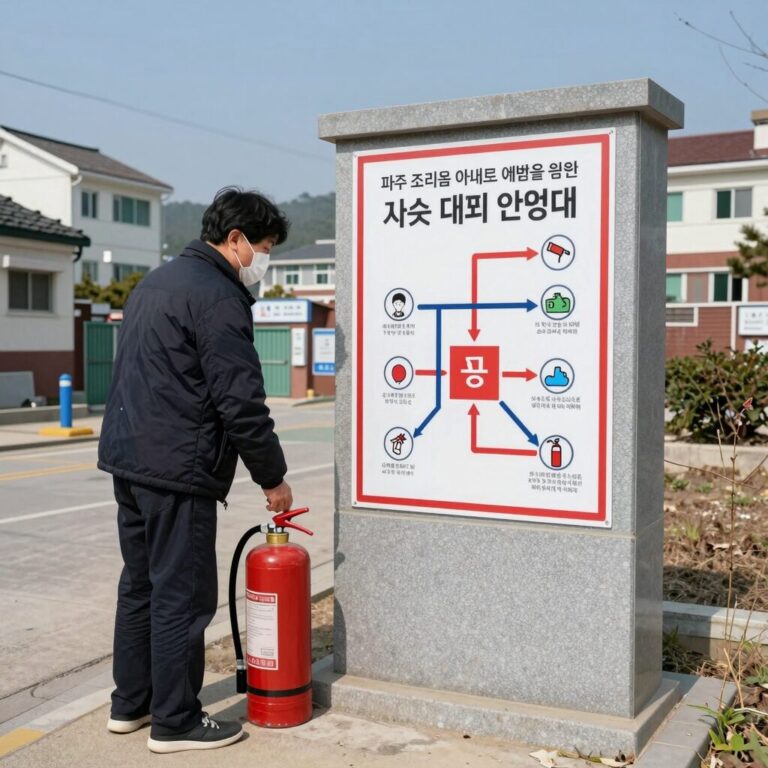 파주 조리읍 아파트 화재 예방을 위한 소화기 사용법과 대피 경로 안내 그림