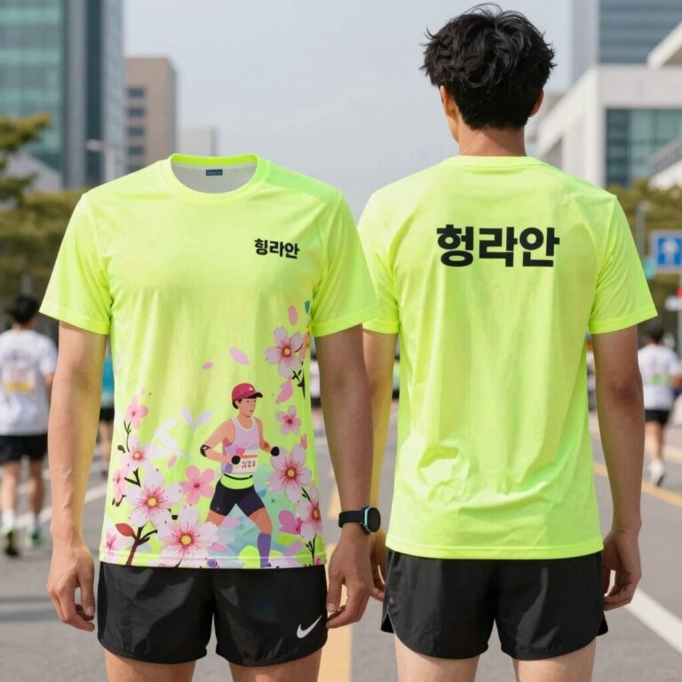 형광 벚꽃색 마라톤 티셔츠 앞면과 뒷면 디자인 및 콜핑 브랜드 로고