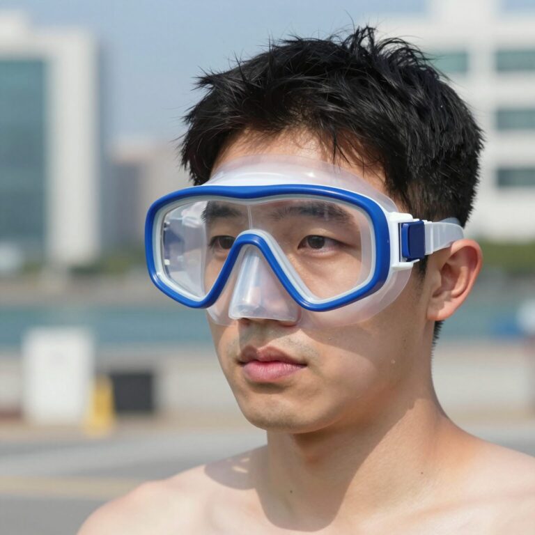 풀페이스 스노쿨링 마스크를 착용한 모습으로, 넓은 시야와 편안한 착용감을 강조