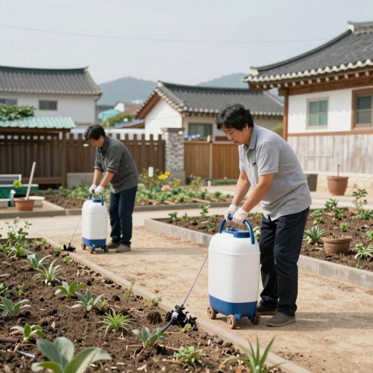 연막소독기로 마당과 텃밭 구석구석을 방역하는 장면