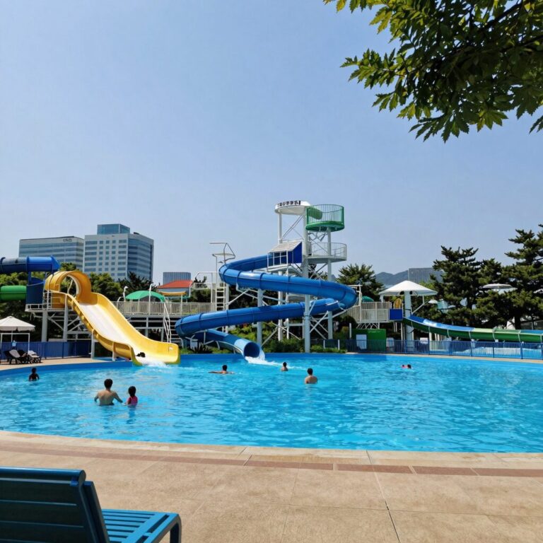 가평 별비치 워터파크 전경, 숲속에 자리한 대형 수영장과 슬라이드 모습