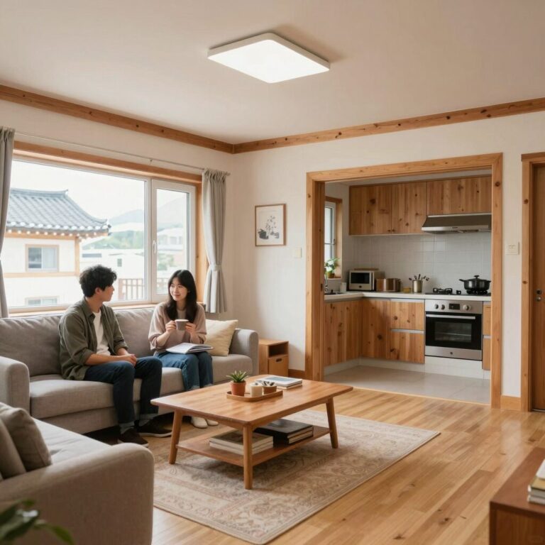 사슴은꽃이었다 가창 펜션의 넓은 거실과 주방 전경