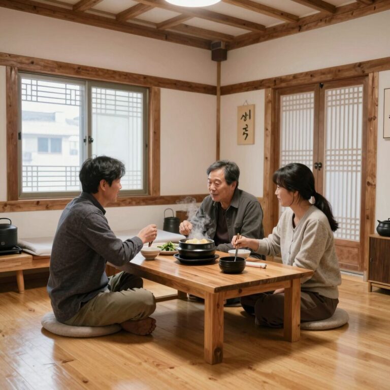 감나무집 내부 개별룸 모습 식탁 위에 기본찬과 백숙이 차려져 있다