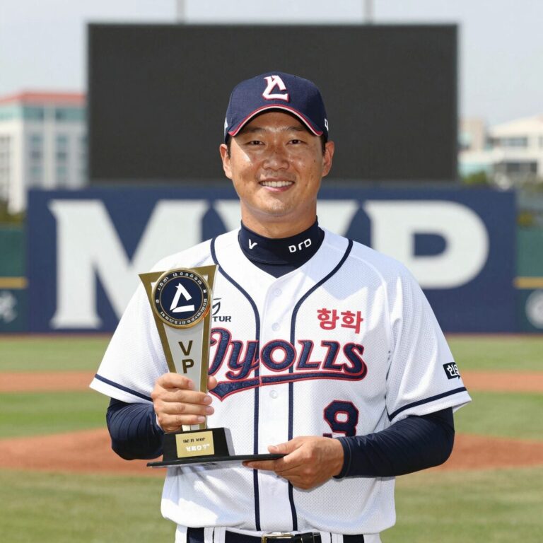 한화 이글스 강백호 선수가 5월 월간 MVP 트로피를 들고 환하게 웃고 있다. 배경에는 한화 이글스 로고와 MVP 표지판이 보인다.