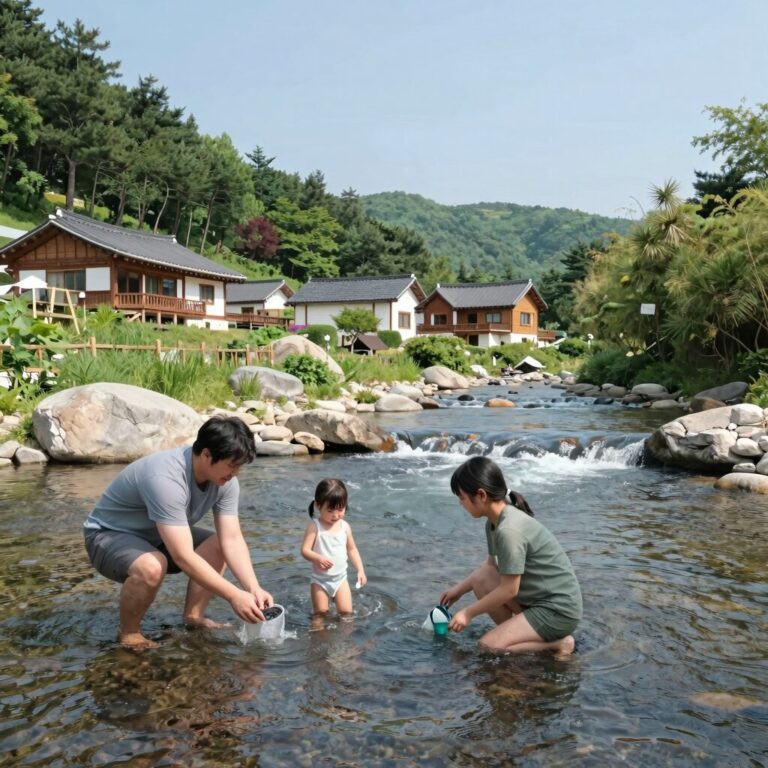 가평 달빛풍경펜션 프라이빗 계곡에서 물놀이하는 모습