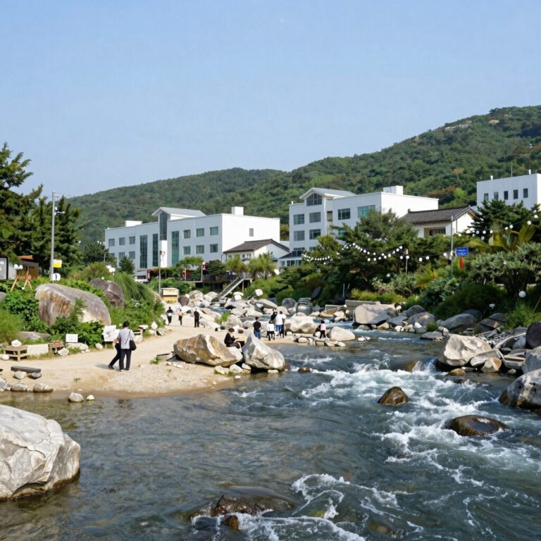 가평 명지계곡 인천하우스 앞 계곡 전경과 평상 모습
