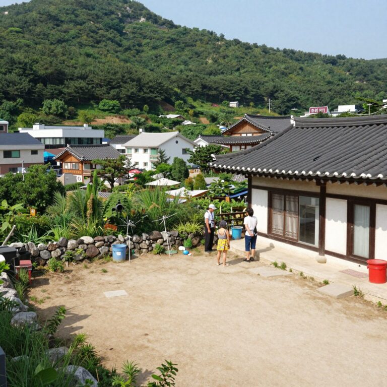 가평 로빈나펜션의 계곡과 마당 전경
