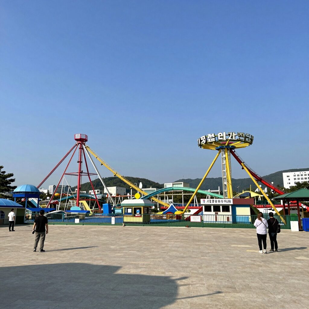 가평 워터파크 펜션 더파크쎄시봉에서 바라본 강과 놀이기구 전경