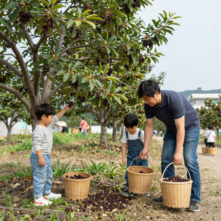 김천 자두축제에서 가족이 함께 자두를 수확하는 모습. 아이가 자두나무에서 잘 익은 자두를 따고 바구니에 담고 있다.