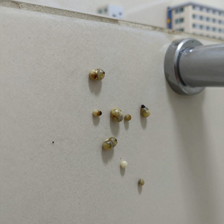 화장실 배수구 벽면에 붙어 있는 나방파리 알과 유충 모습, 제거해야 할 대상