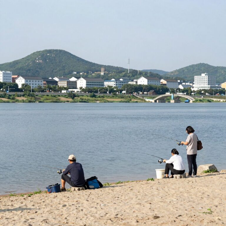 충북 괴산 청천나들이펜션 앞 강과 낚시터 전경