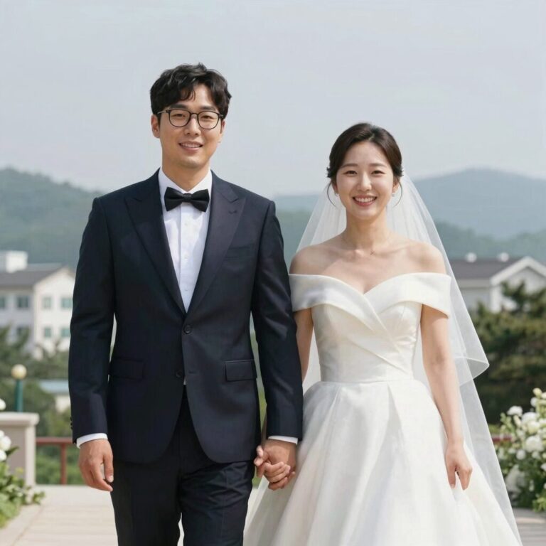 골때녀 제이와 남편의 결혼식 사진. 두 사람이 환한 미소를 지으며 손을 잡고 있다.