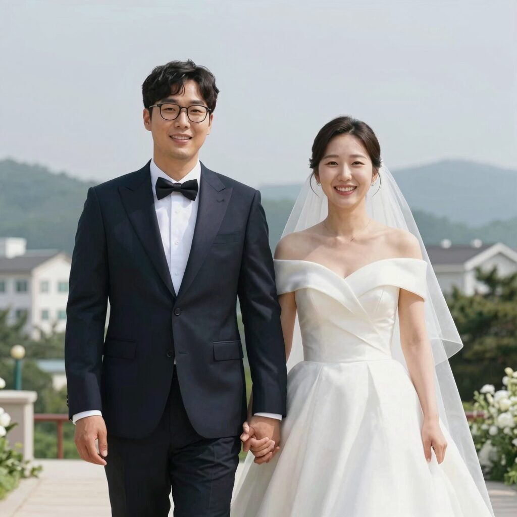 골때녀 제이와 남편의 결혼식 사진. 두 사람이 환한 미소를 지으며 손을 잡고 있다.