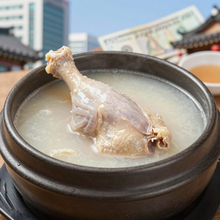 고려조삼계탕 상무점에서 제공하는 삼계탕 한 그릇으로 닭다리가 국물 위에 보인다