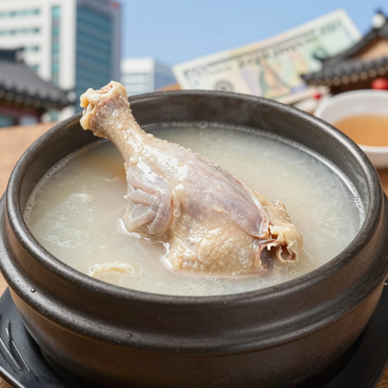 고려조삼계탕 상무점에서 제공하는 삼계탕 한 그릇으로 닭다리가 국물 위에 보인다