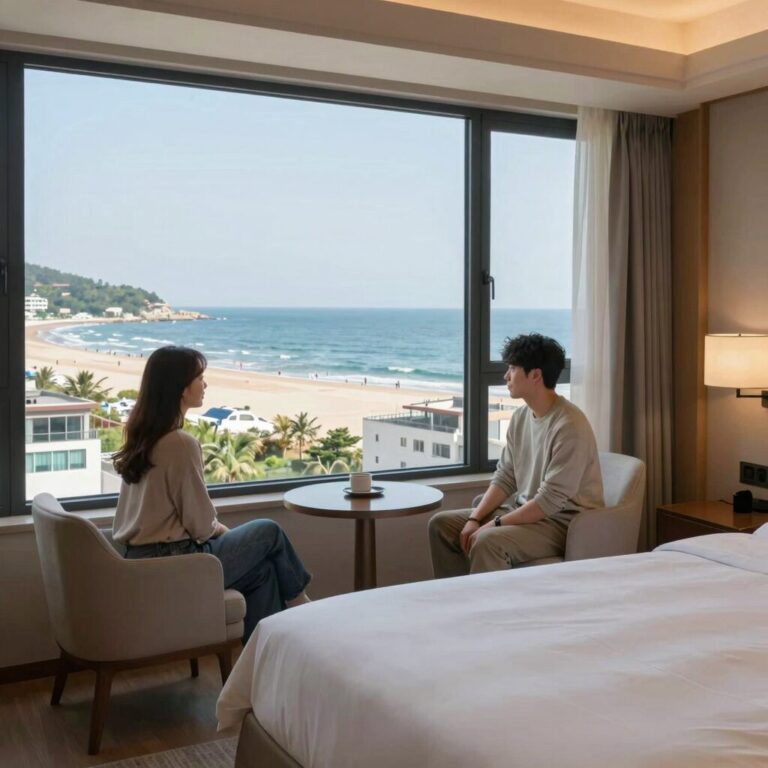 강원도 고성 윈덤 호텔 프리미어 더블 오션뷰룸 객실 내부에서 바라본 바다 전경