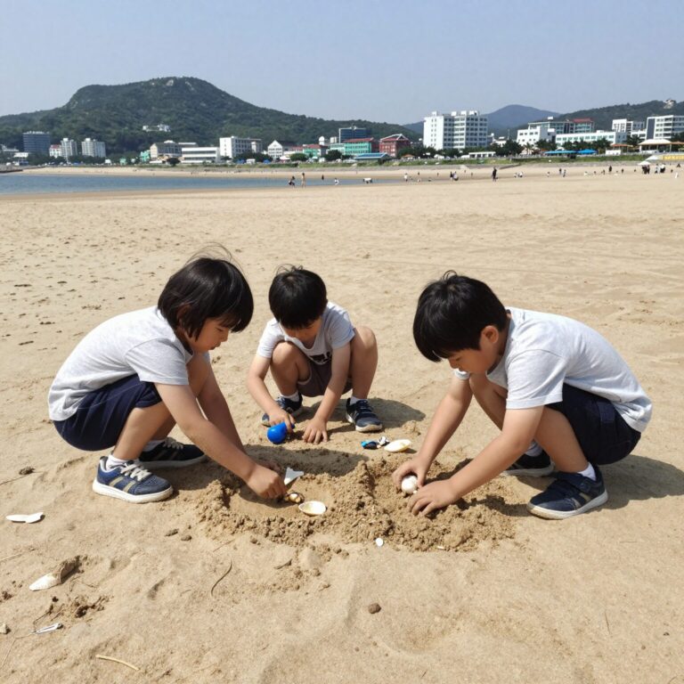 광암해수욕장에서 모래놀이와 조개잡이를 하는 아이들