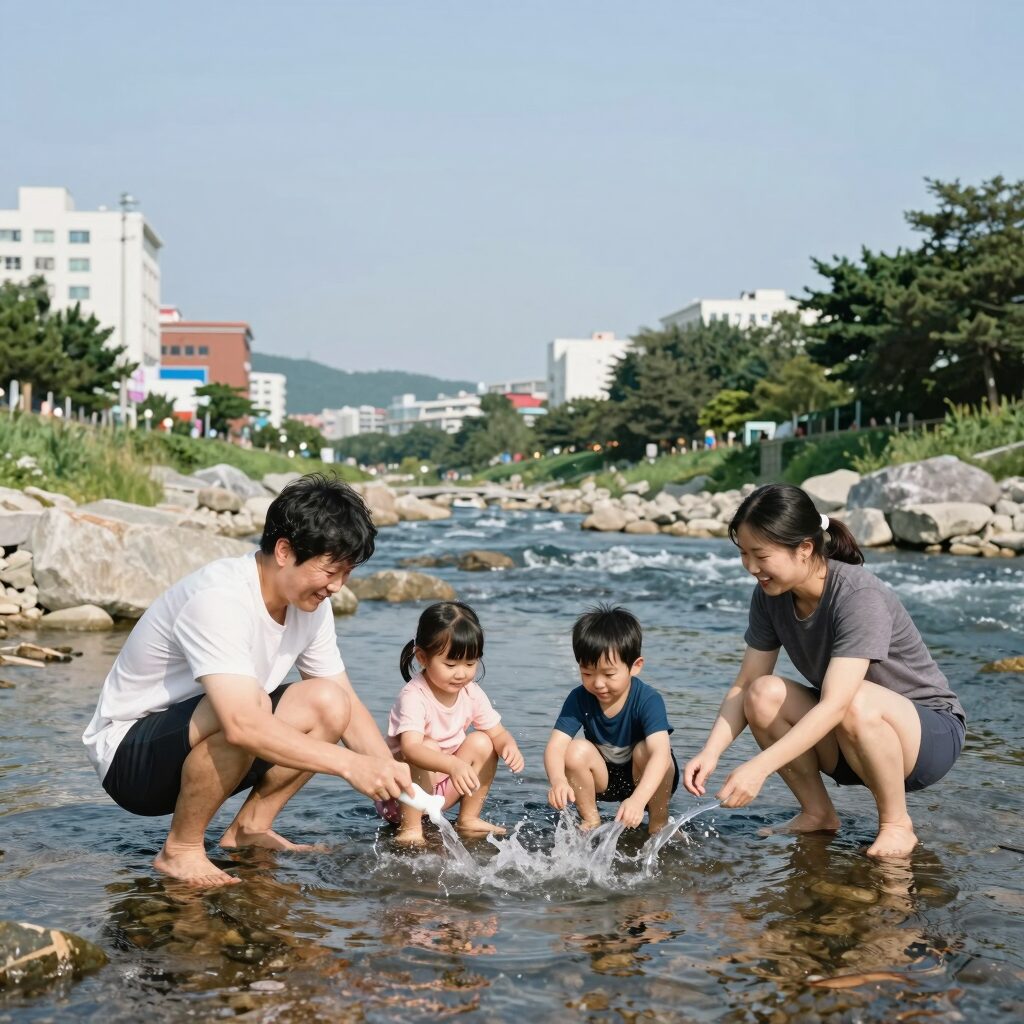 광양 계곡에서 가족이 물놀이를 즐기는 모습