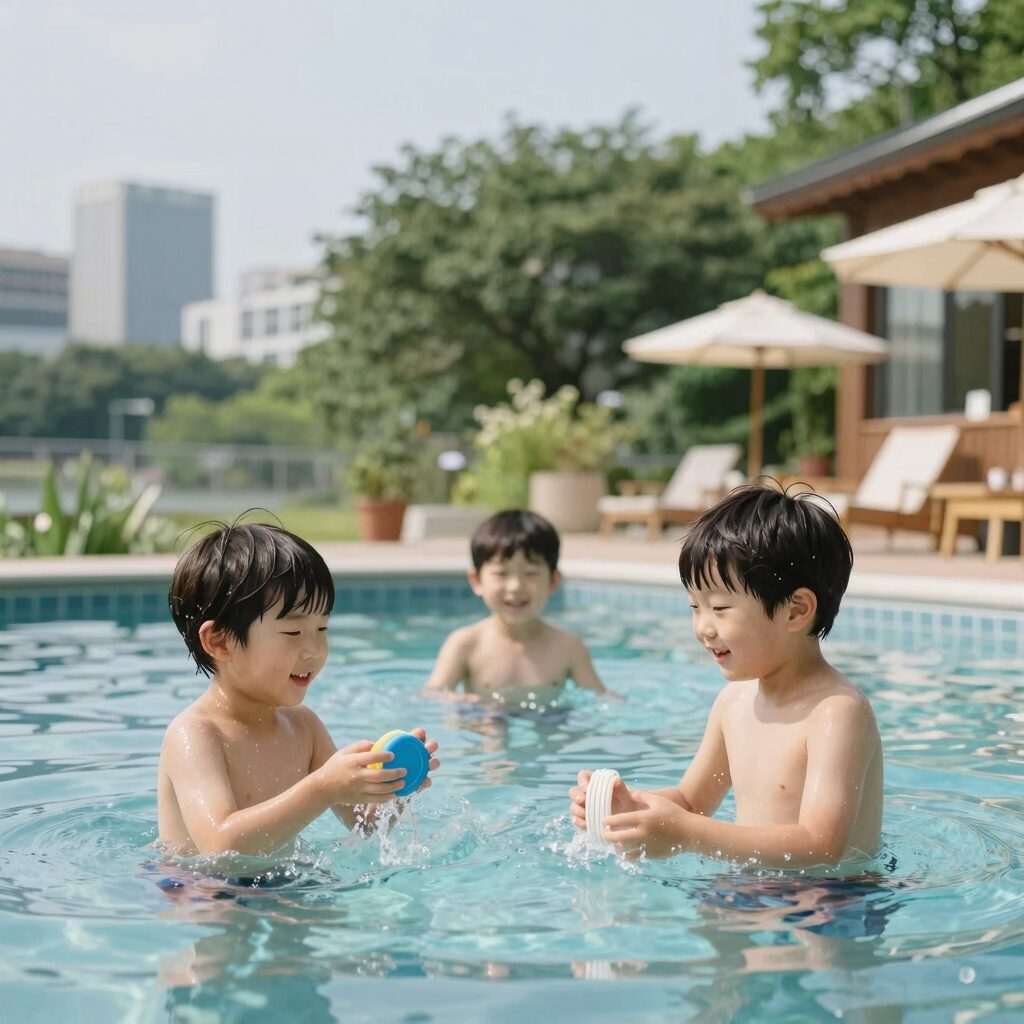 경기도 계곡 카페에서 물놀이하는 아이들 모습