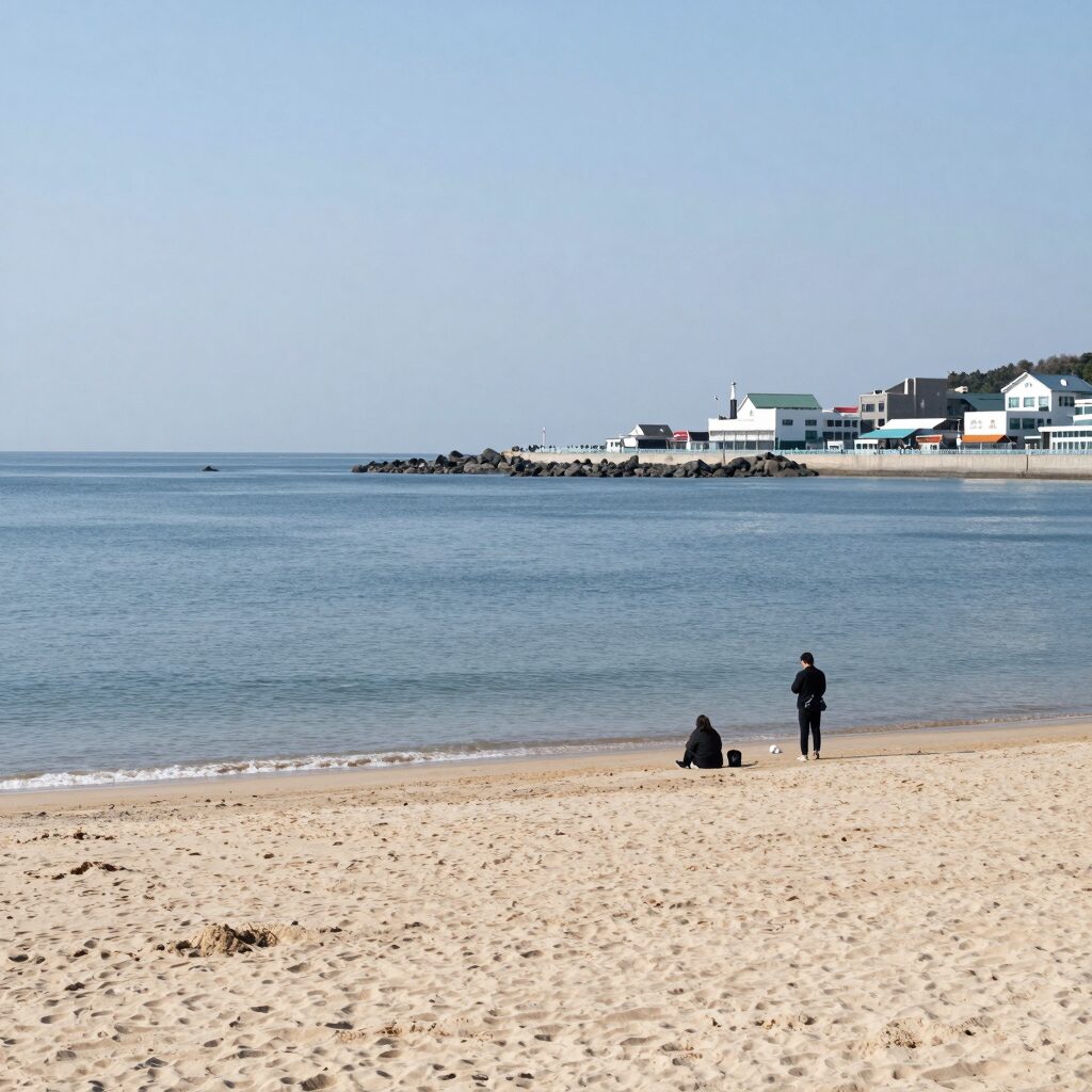 거제 구조라해수욕장의 잔잔한 바다와 넓은 모래사장 풍경