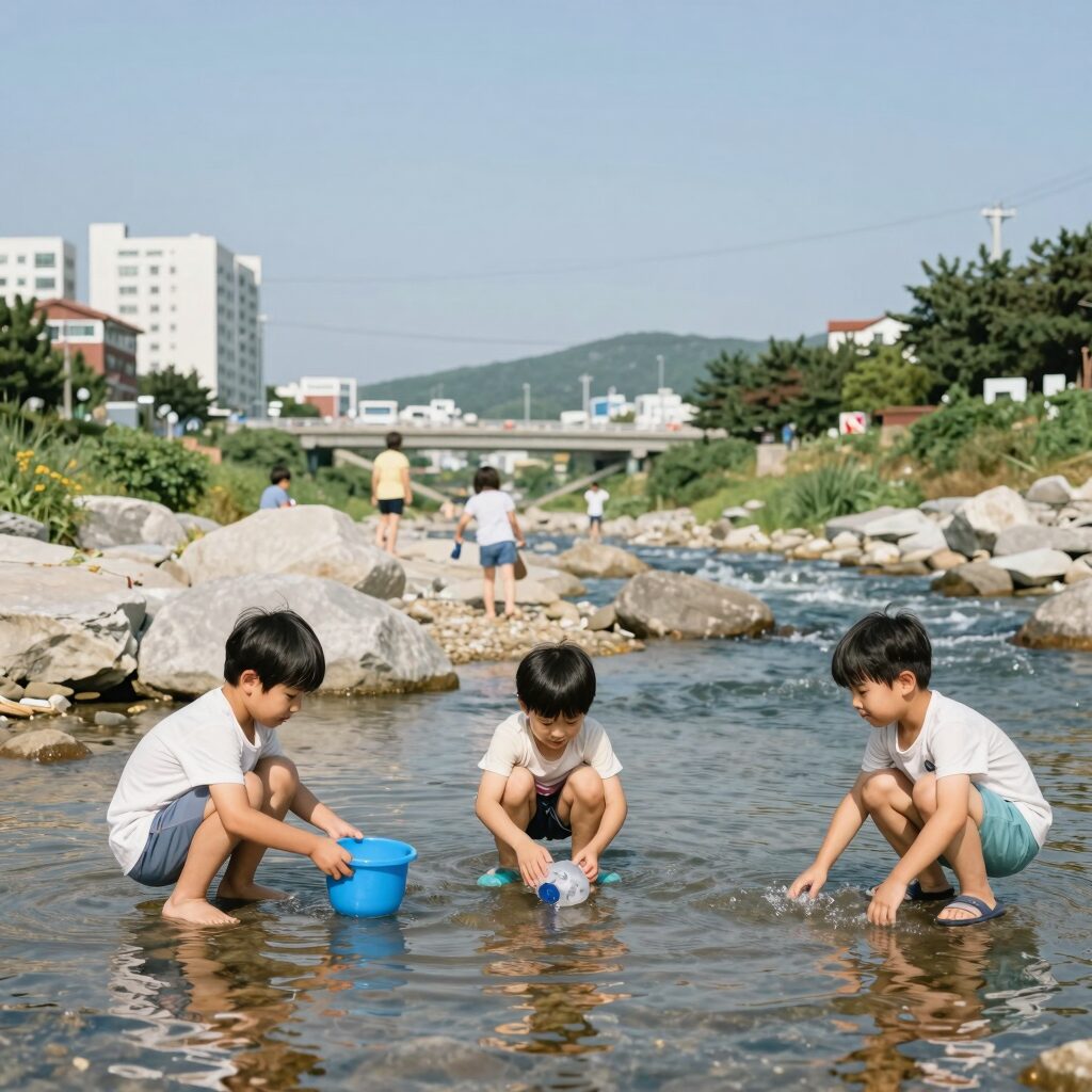 경주 계곡에서 물놀이하는 아이들 모습