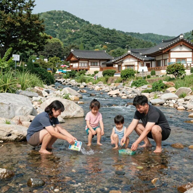 하동 계곡 펜션에서 계곡 물놀이를 즐기는 모습