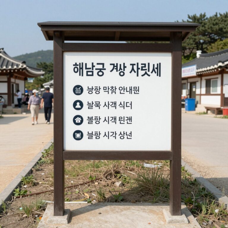 해남군 계곡 평상 자릿세 안내문과 불법 시설물 사진