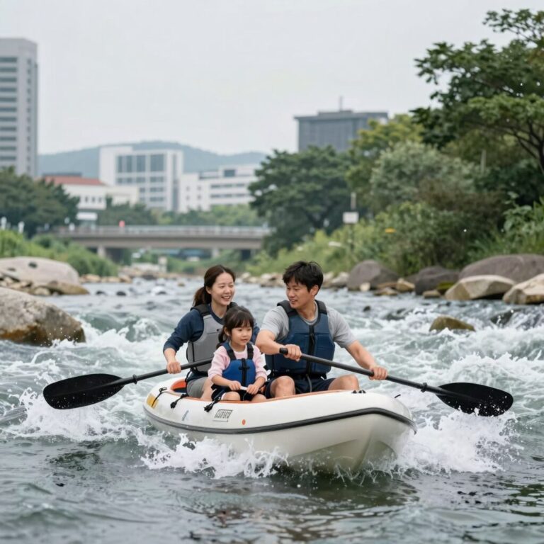 한탄강 레프팅 보트 위에서 가족이 함께 급류를 즐기는 모습