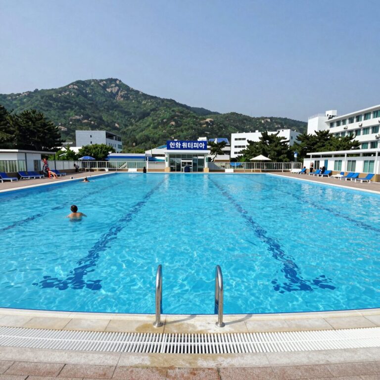 한화 워터피아 야외풀 전경, 설악산을 배경으로 한 넓은 풀장