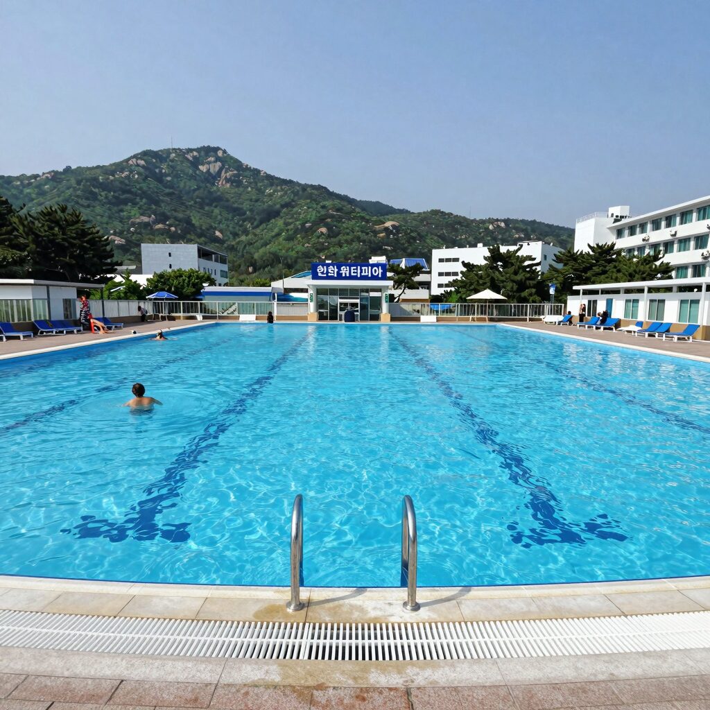 한화 워터피아 야외풀 전경, 설악산을 배경으로 한 넓은 풀장