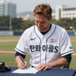 한화 이글스 유니폼을 입고 웃고 있는 브래드 짐머맨의 모습, 계약서에 사인하는 장면
