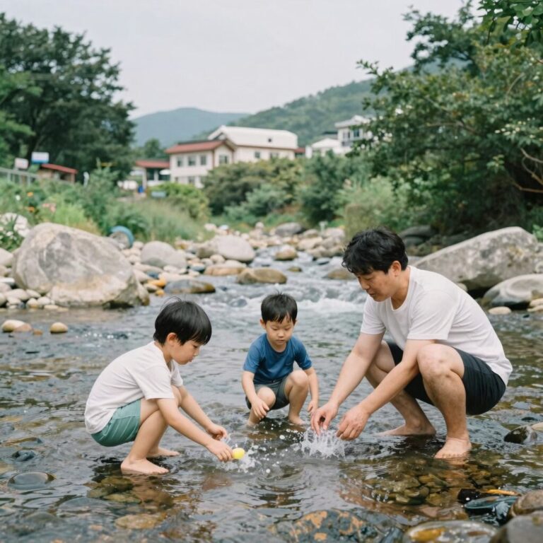 하옥계곡 펜션 전용 계곡에서 가족이 물놀이하는 모습