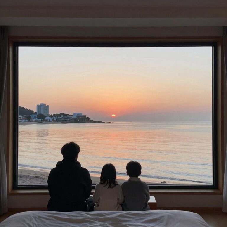 해오름 펜션 객실에서 바라본 일출 바다 전경