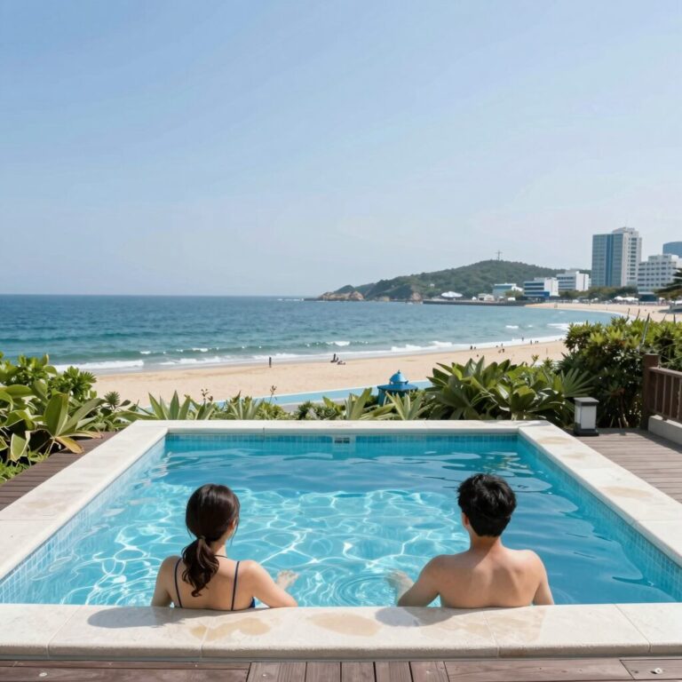 영흥도 하와이비치펜션 야외 수영장과 자쿠지 전경, 바다뷰가 펼쳐진 힐링 공간