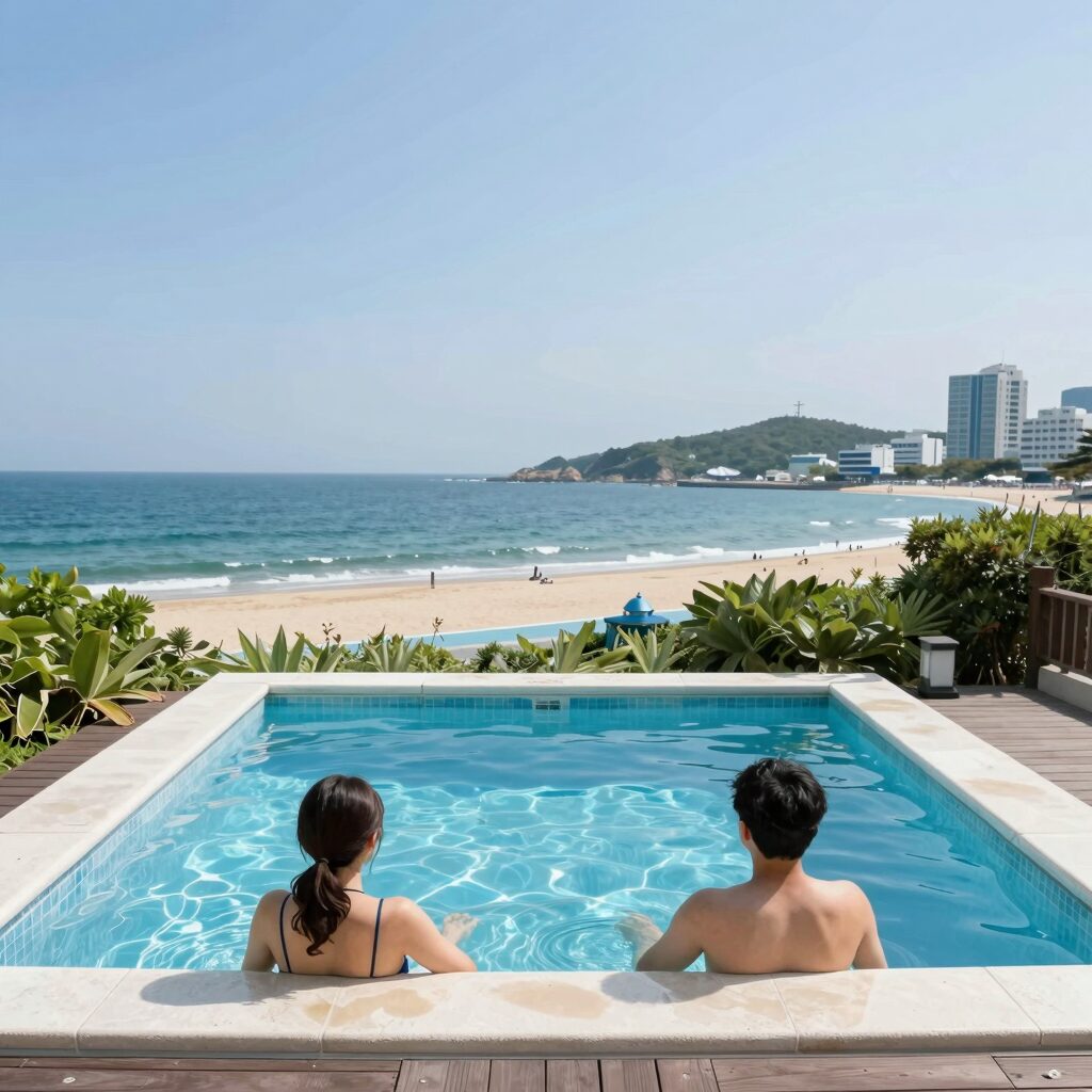 영흥도 하와이비치펜션 야외 수영장과 자쿠지 전경, 바다뷰가 펼쳐진 힐링 공간