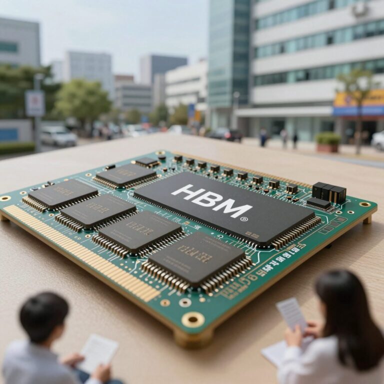 HBM 메모리 칩 적층 구조와 AI 반도체 수요 증가 그래프