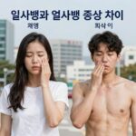 일사병 열사병 차이 한눈에 구분하고 응급처치하세요 일사병과 열사병 증상 비교 체온 땀 피부 의식 차이 설명 이미지