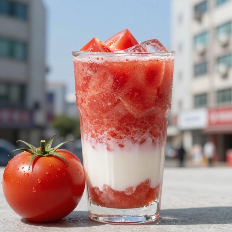 할리스 토마토 상큼 컵빙수 비주얼. 빨간 토마토 스무디와 우유빙수가 층을 이룬 모습