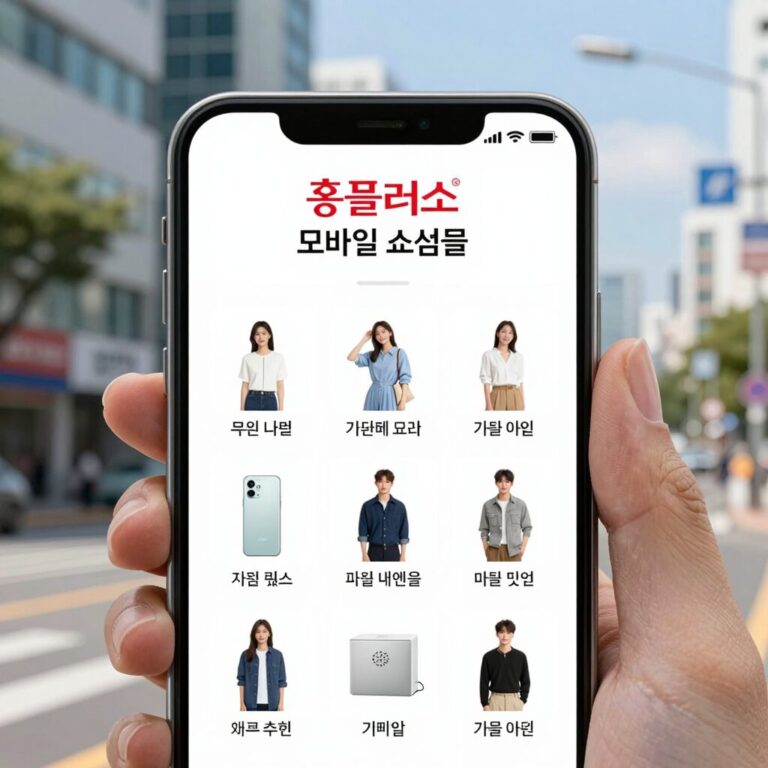 홈플러스 모바일 쇼핑몰 메인 화면에서 다양한 카테고리와 할인 상품을 보여주는 스마트폰 화면