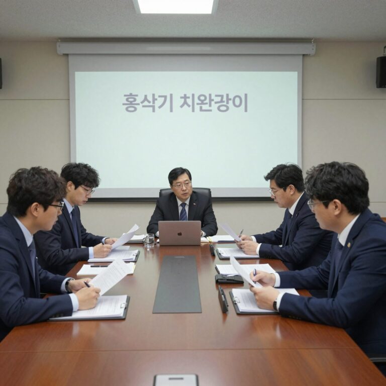 홍석기 치안감이 회의실에서 직원들과 자료를 보며 논의하고 있는 모습
