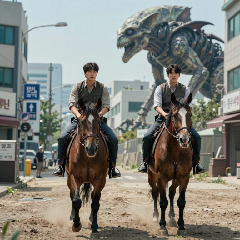 영화 호프 공식 포스터. 조인성이 말을 타고 총을 겨누는 모습과 뒤에 거대한 외계 생명체가 보인다.