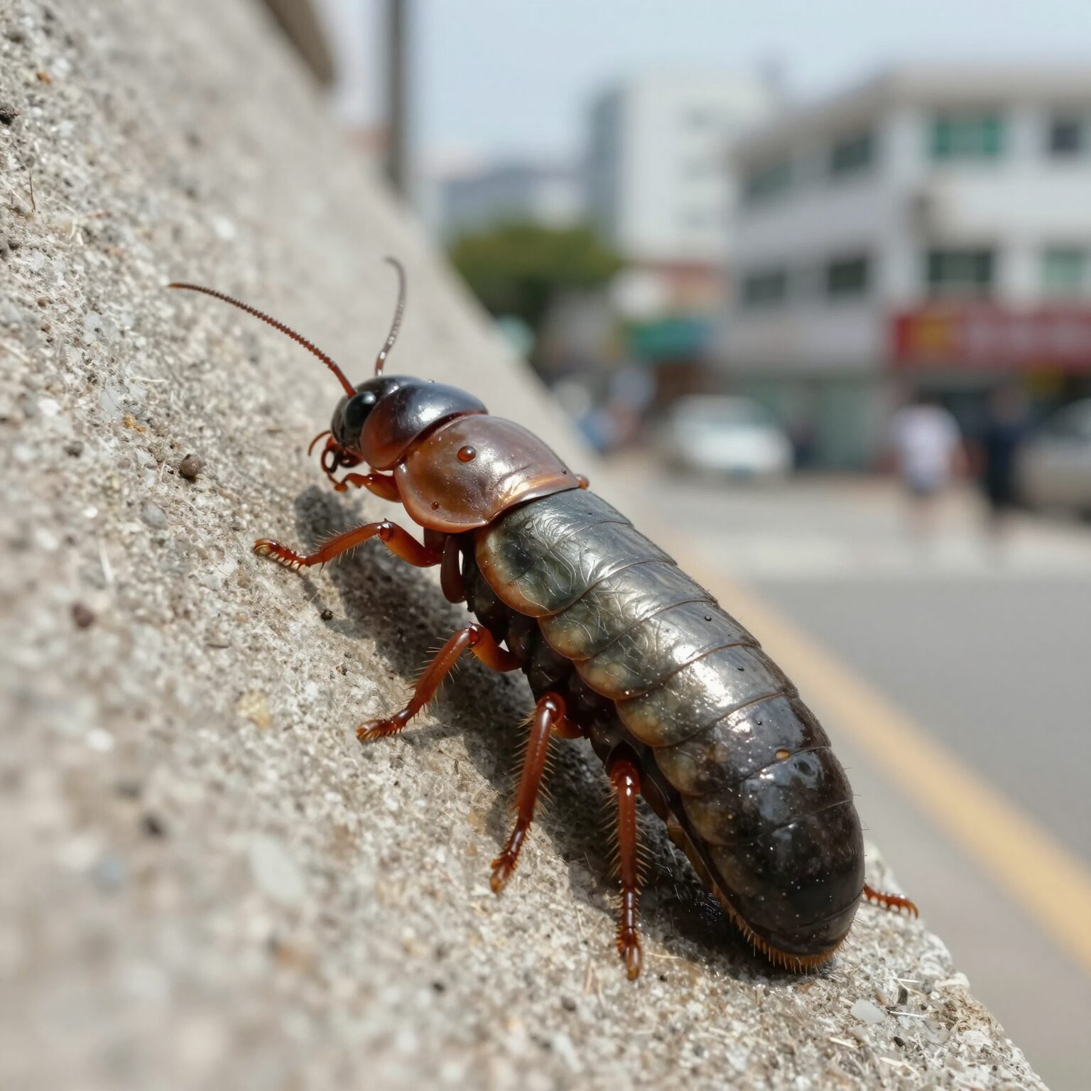 벽을 기어가는 돈벌레의 모습, 집그리마가 습한 벽면에서 활동하는 장면